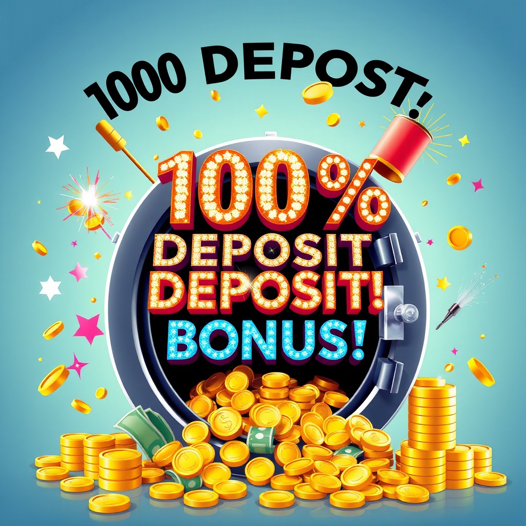 A vibrant digital illustration promoting a 100% deposit bonus