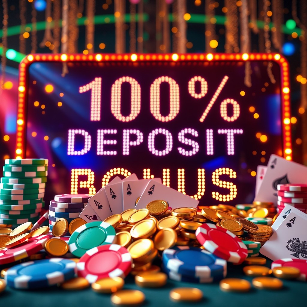 An attractive visual representation of a 100% deposit bonus concept for online casinos or gambling websites