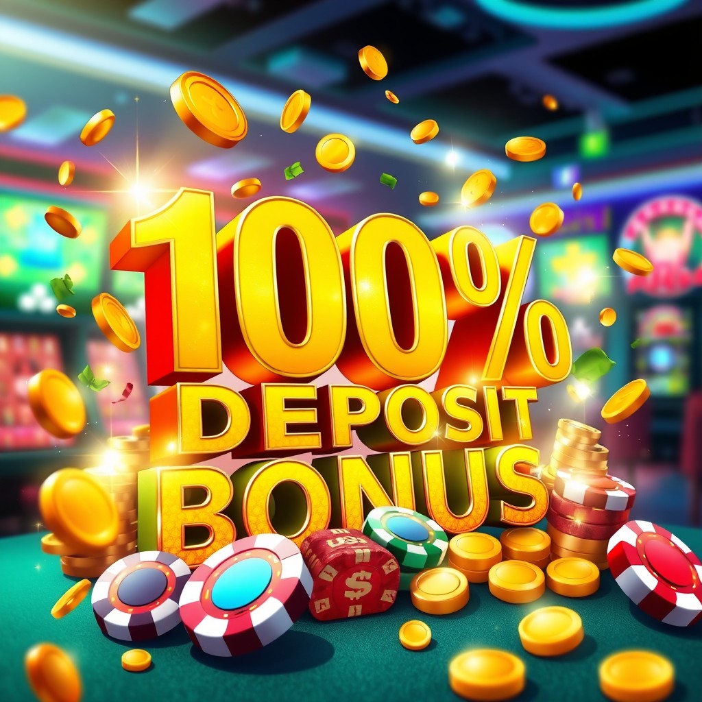 A vibrant and eye-catching digital illustration depicting a 100% deposit bonus for an online casino
