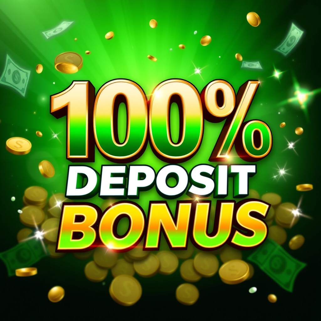 A vibrant and eye-catching graphic promoting a '100% Deposit Bonus'