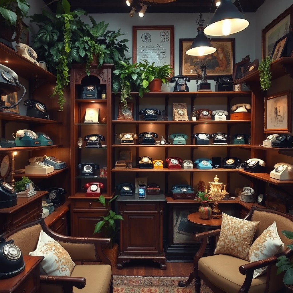 A beautifully decorated telephone boutique, featuring vintage and modern telephones in an elegant setting