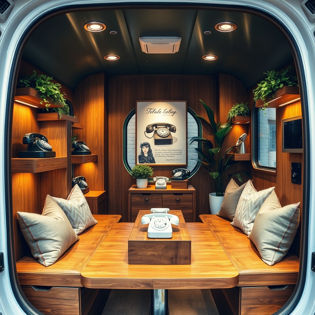 A chic portable telephone boutique, elegantly designed to showcase a range of stylish telephones