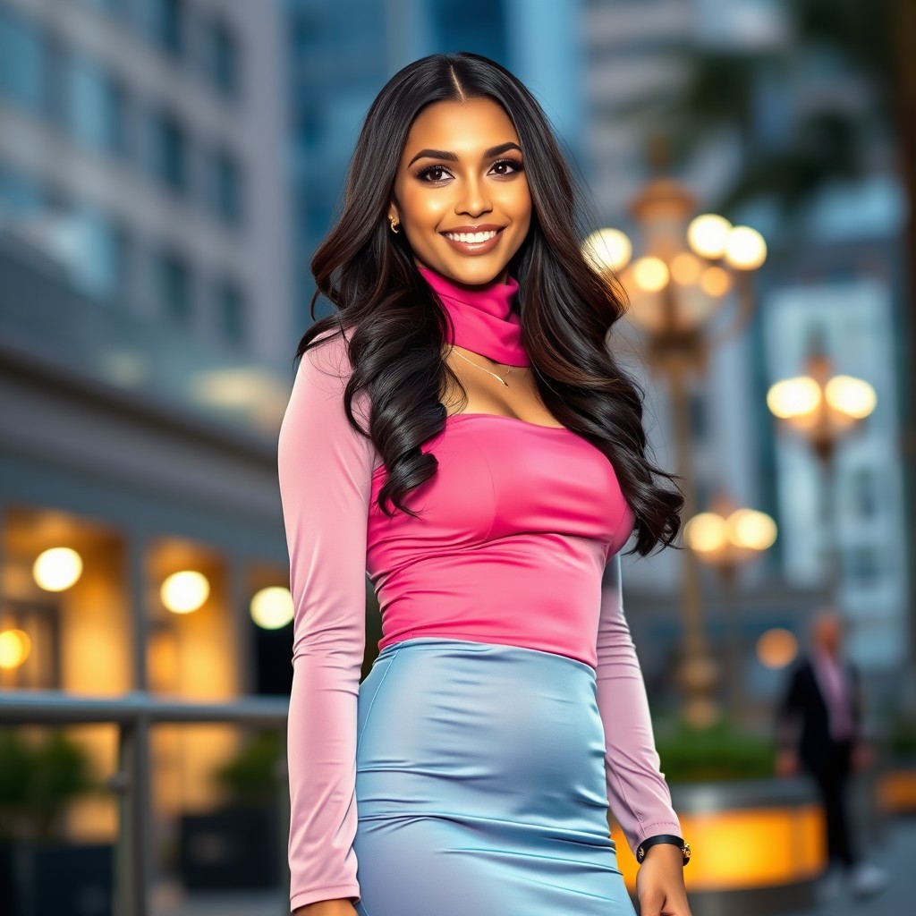 A stunningly beautiful Muslim woman wearing a fashionable mini tube dress, accentuating her curves and elegant figure