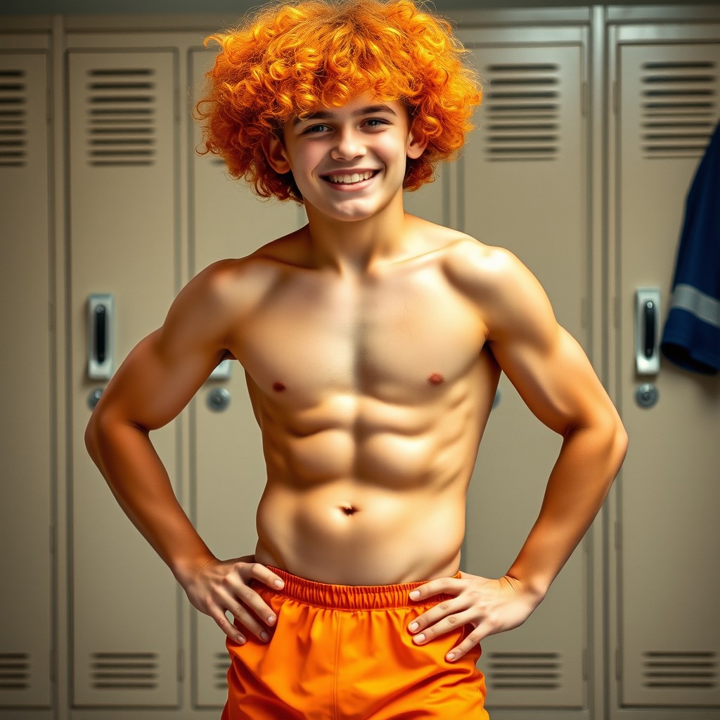 A teenage boy with an athletic build, showcasing a well-defined six-pack and prominent biceps