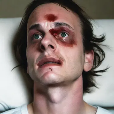 In the horror novel, the protagonist wakes up with a massive hematoma on his forehead, evidence of a violent encounter.