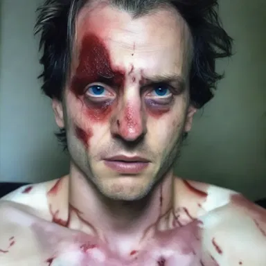 In the horror novel, the protagonist wakes up with a massive hematoma on his forehead, evidence of a violent encounter.