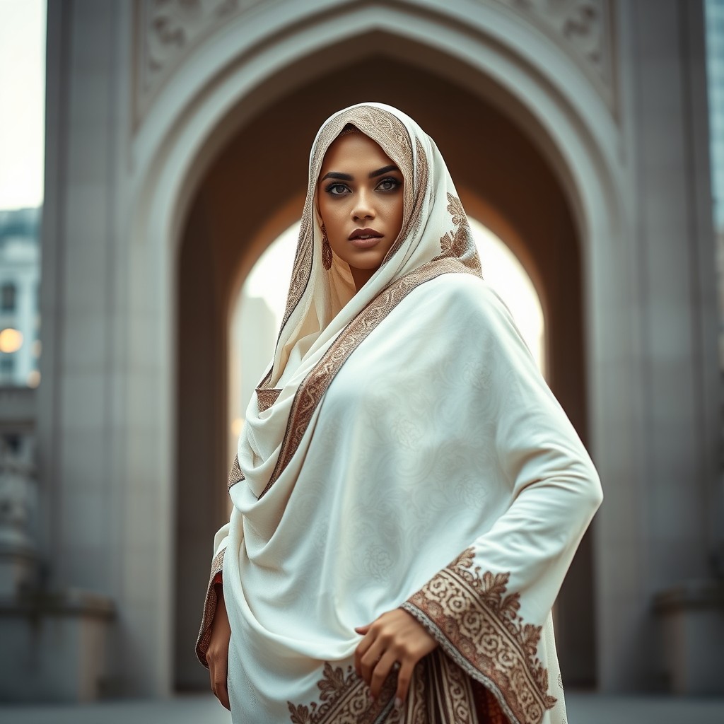 A powerful and elegant woman in an intricately designed burka that blends traditional and modern elements