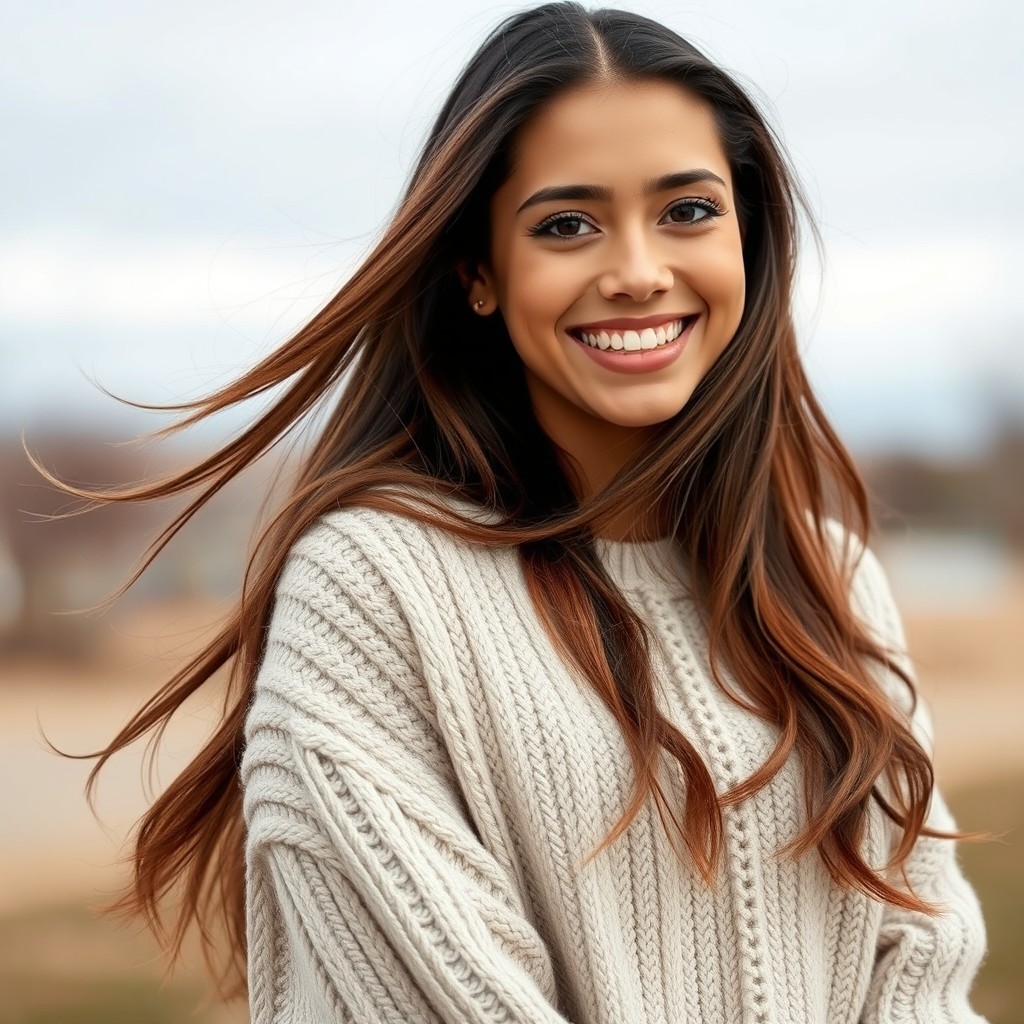 A cute sweetheart tall Latina woman with long, flowing hair, wearing a stylish, oversized sweater, adorably smiling at the viewer