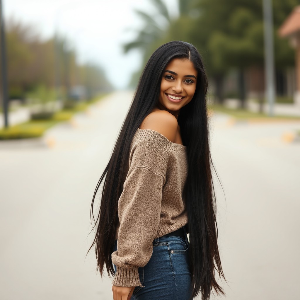A cute sweetheart tall Latina woman with very long black hair cascading down her back, wearing a stylish outfit that includes tight denim jeans and a cozy sweater