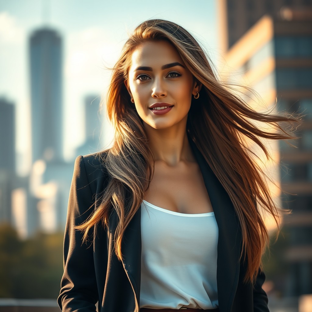 A stunning portrait of a confident modern woman with long flowing hair, wearing a stylish outfit that highlights her elegance