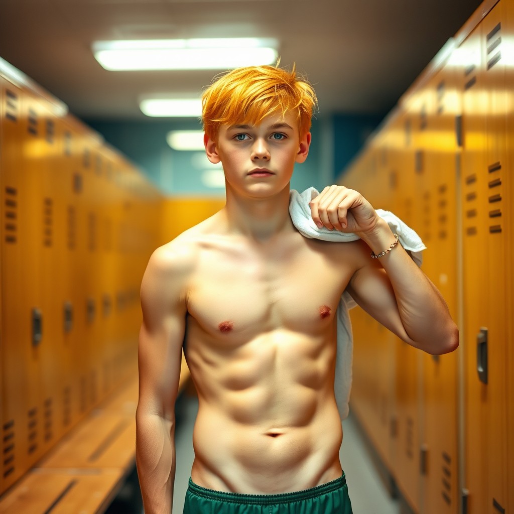 A teenage boy in a gym locker room, showing off a well-defined six-pack and biceps