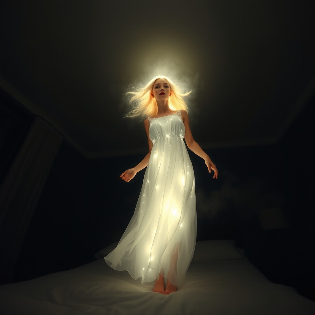 A full-body view of a glowing, beautiful blonde woman ghost floating near the ceiling, centered in the frame
