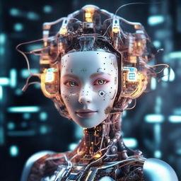 Create a detailed portrait of a beautiful, young humanoid robot girl with glowing components built into her head and partially exposed intricate electronics.