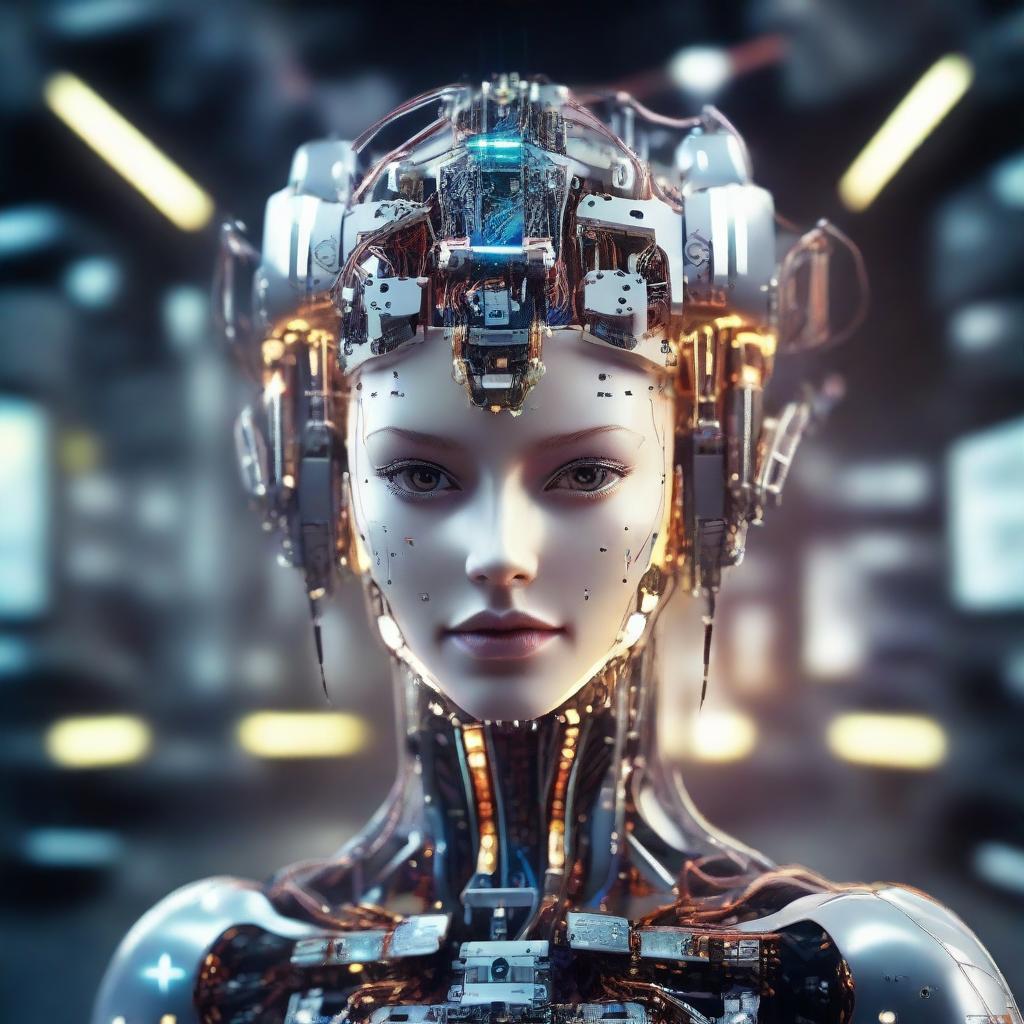 Create a detailed portrait of a beautiful, young humanoid robot girl with glowing components built into her head and partially exposed intricate electronics.