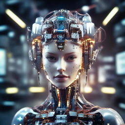 Create a detailed portrait of a beautiful, young humanoid robot girl with glowing components built into her head and partially exposed intricate electronics.