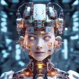 Create a detailed portrait of a beautiful, young humanoid robot girl with glowing components built into her head and partially exposed intricate electronics.