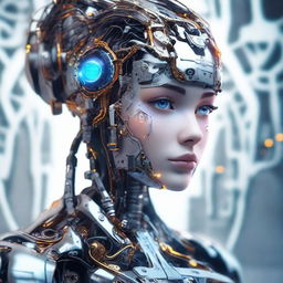 Create a detailed portrait of a beautiful, young humanoid robot girl with glowing components built into her head and partially exposed intricate electronics.