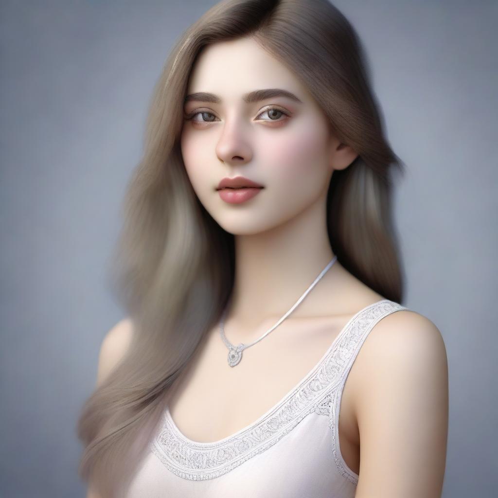 A hyperrealistic digital art piece of an 18-year-old Pakistani girl with pale white skin