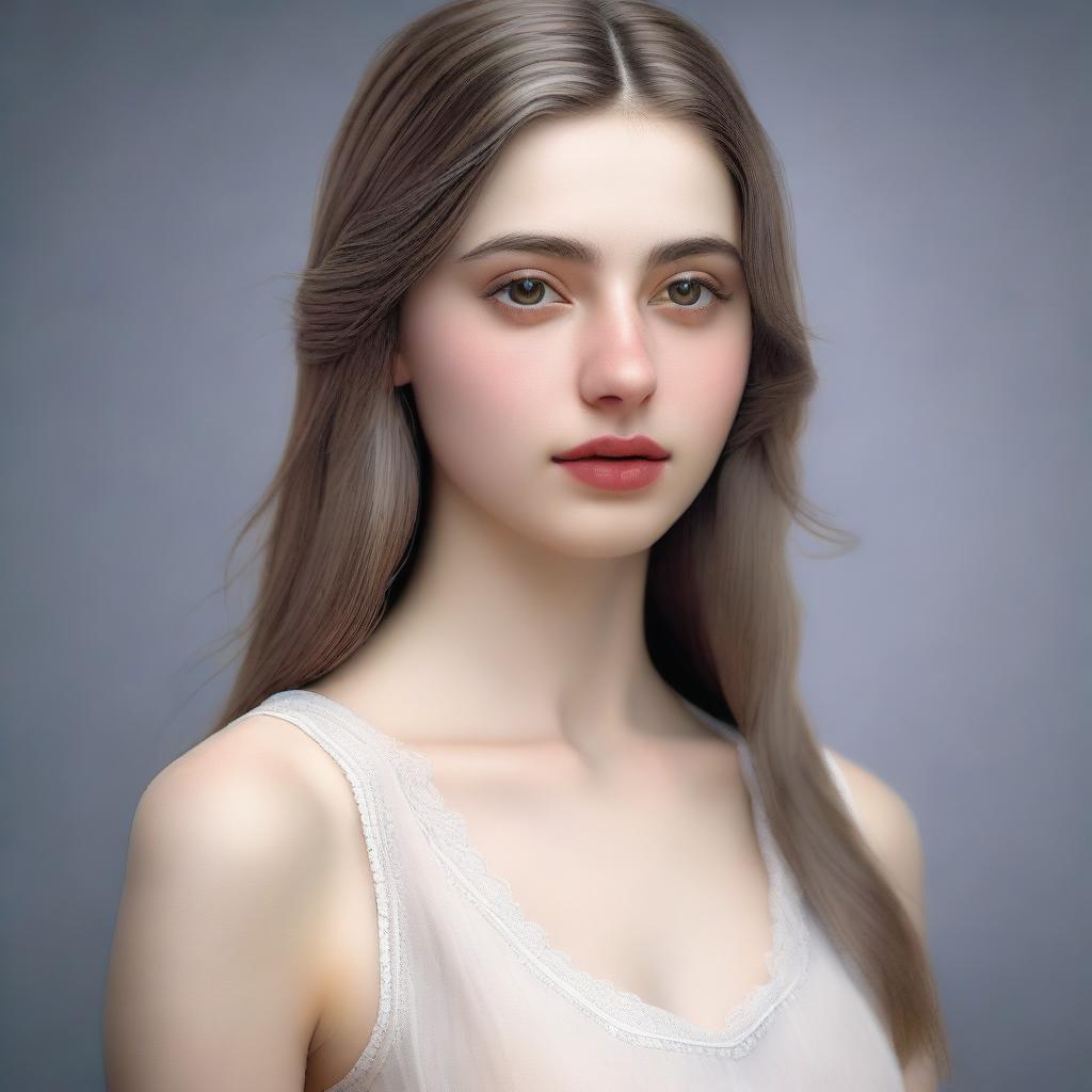 A hyperrealistic digital art piece of an 18-year-old Pakistani girl with pale white skin