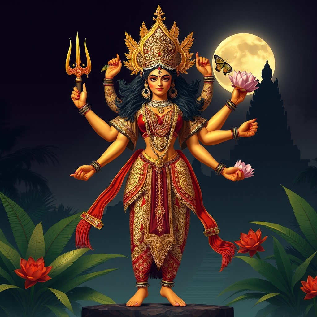 A depiction of Durga as interpreted in Javanese culture, embodying her fierce warrior spirit