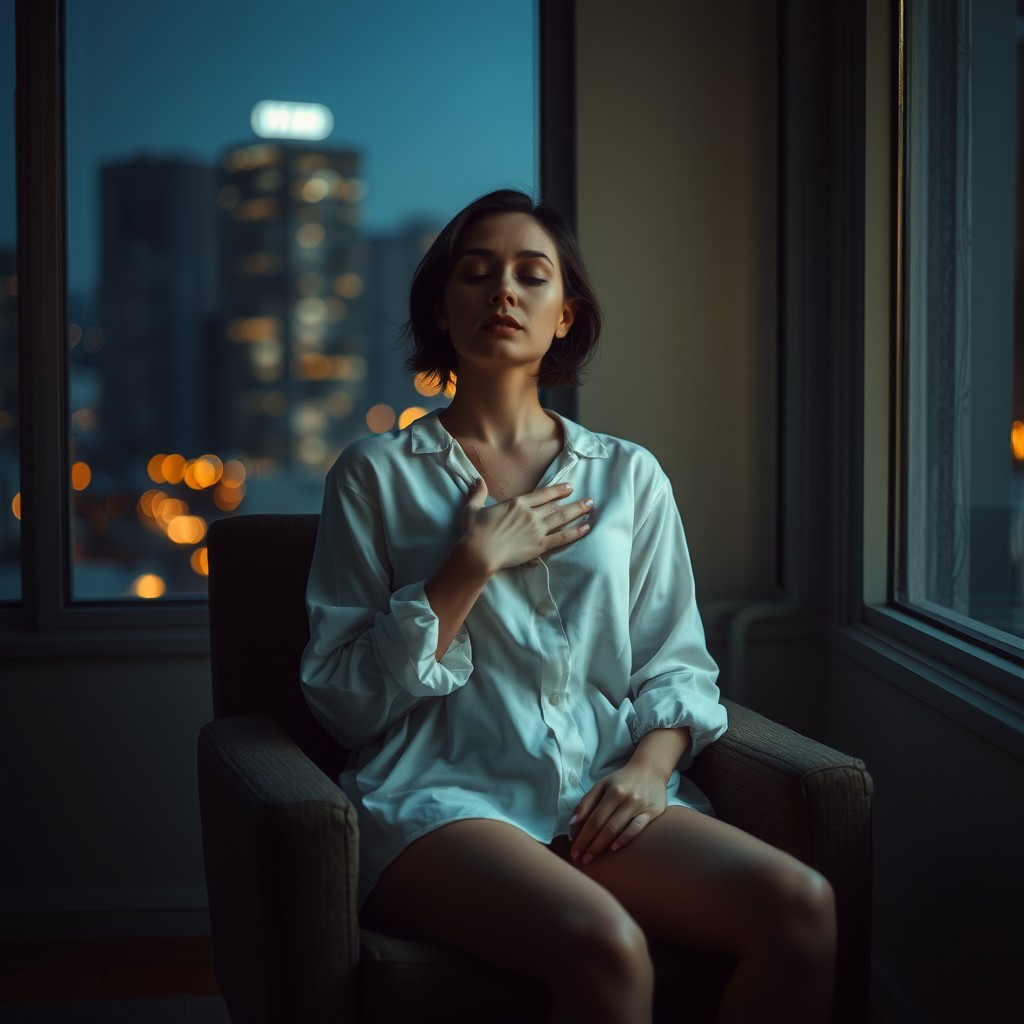 A photorealistic portrait of a lonely woman in a dimly lit urban apartment living room during late evening hours