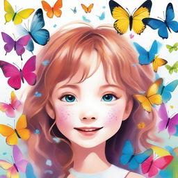 A cheerful little girl with soft downy hair entranced by a group of vibrant butterflies fluttering around her.