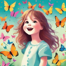 A cheerful little girl with soft downy hair entranced by a group of vibrant butterflies fluttering around her.