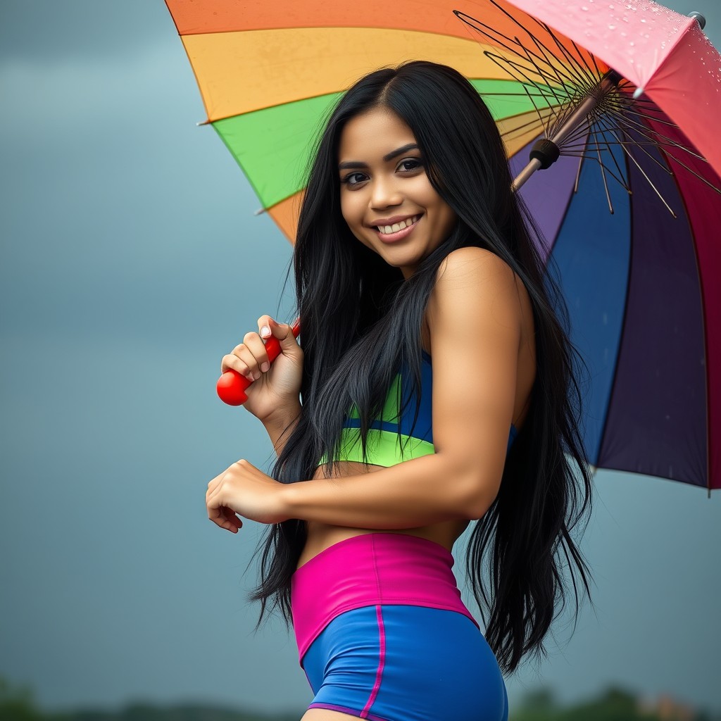 A cute sweetheart tall Latina woman with very long black hair, adorably smiling at the viewer while holding a colorful umbrella