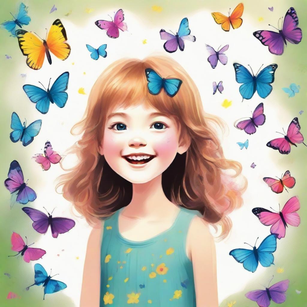 A cheerful little girl with soft downy hair entranced by a group of vibrant butterflies fluttering around her.