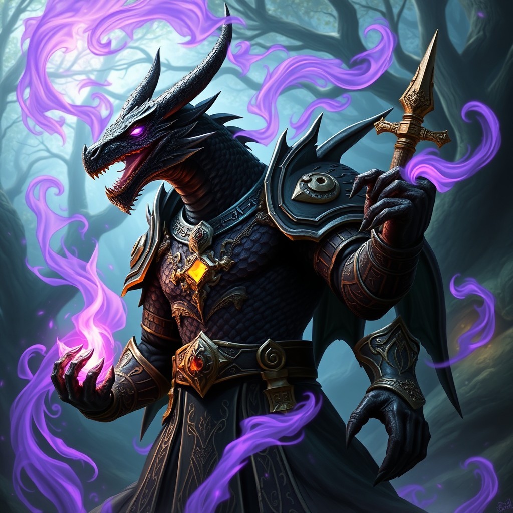 A fierce dragonborn cleric with stunning black scales stands tall, holding a divine symbol in one hand, surrounded by swirling magical purple flames that illuminate the scene