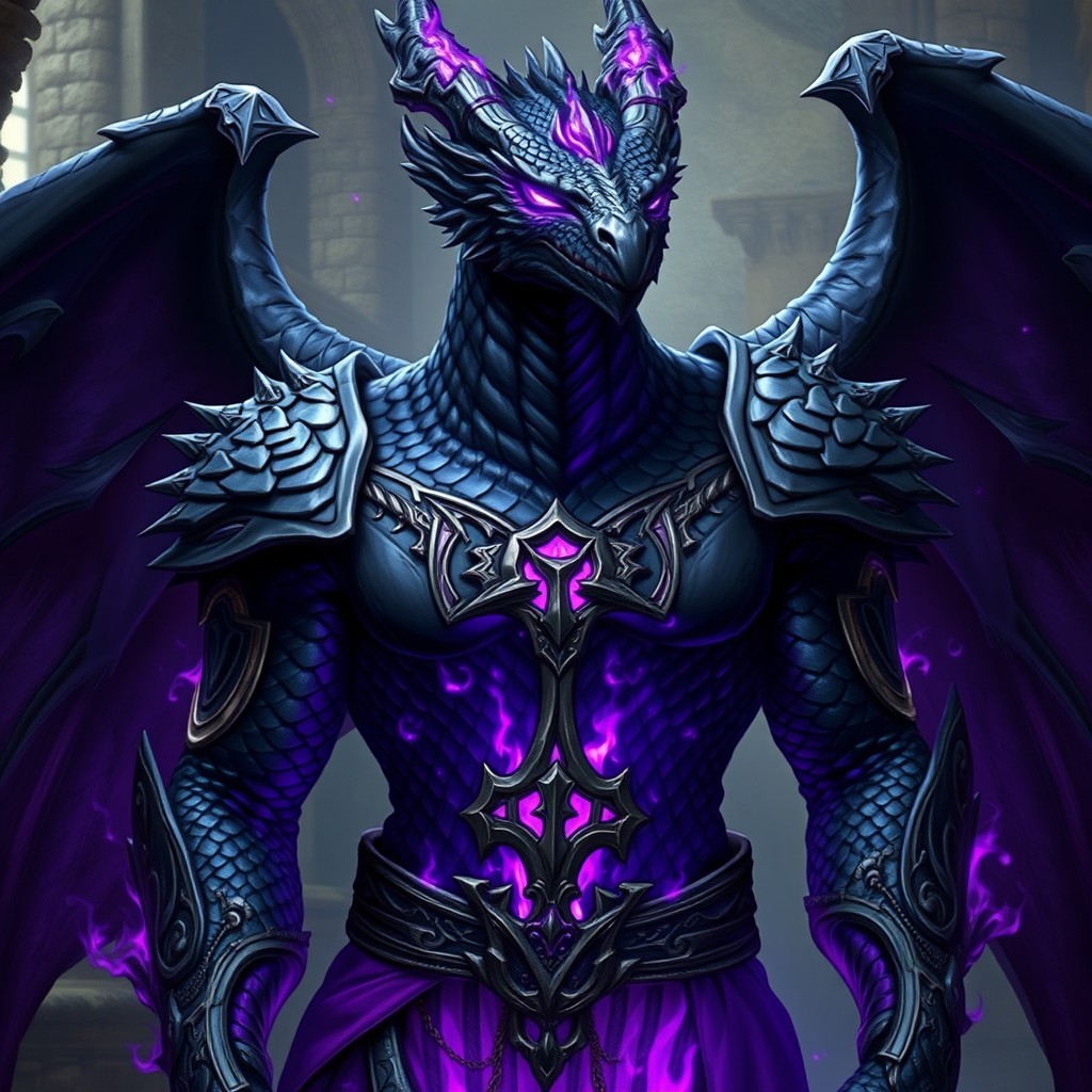 A formidable Dungeons & Dragons dragonborn cleric with sleek black scales, showcasing an imposing yet noble presence