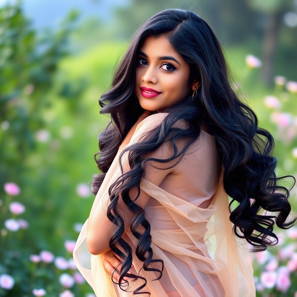 A beautiful 26-year-old desi woman with long, flowing black wavy hair cascading down past her waist