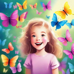 A cheerful little girl with soft downy hair entranced by a group of vibrant butterflies fluttering around her.