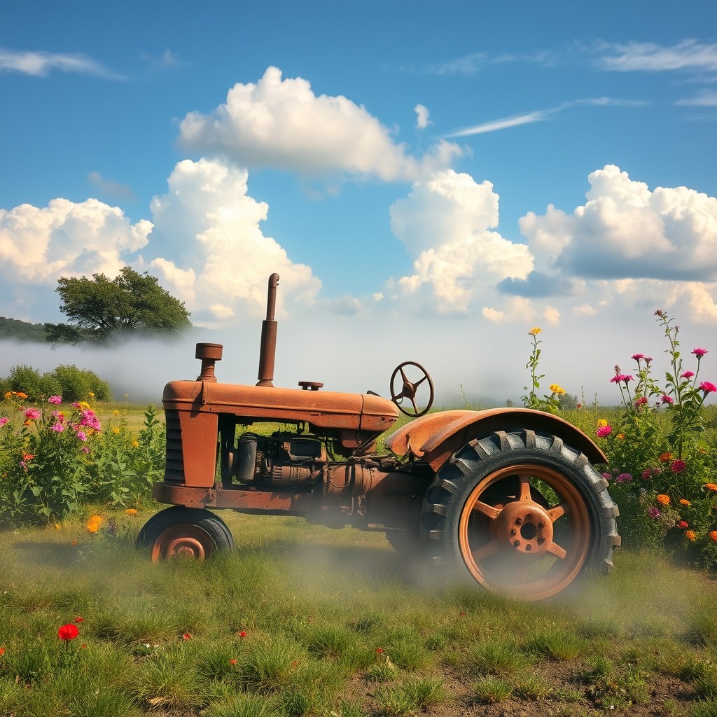 A rusty dismantled tractor sitting in a bolt, surrounded by picturesque nature