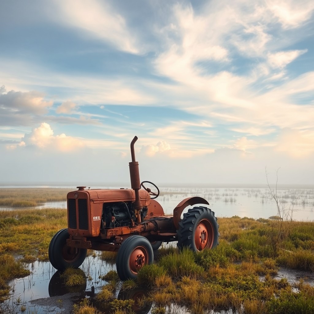 A rusty disassembled tractor standing in a swampy area, surrounded by picturesque nature