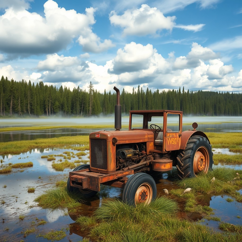 A rusty dismantled Soviet tractor set in a marshy landscape, surrounded by the picturesque Siberian taiga nature
