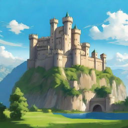 A majestic castle nestled in a verdant landscape under a clear, azure sky.