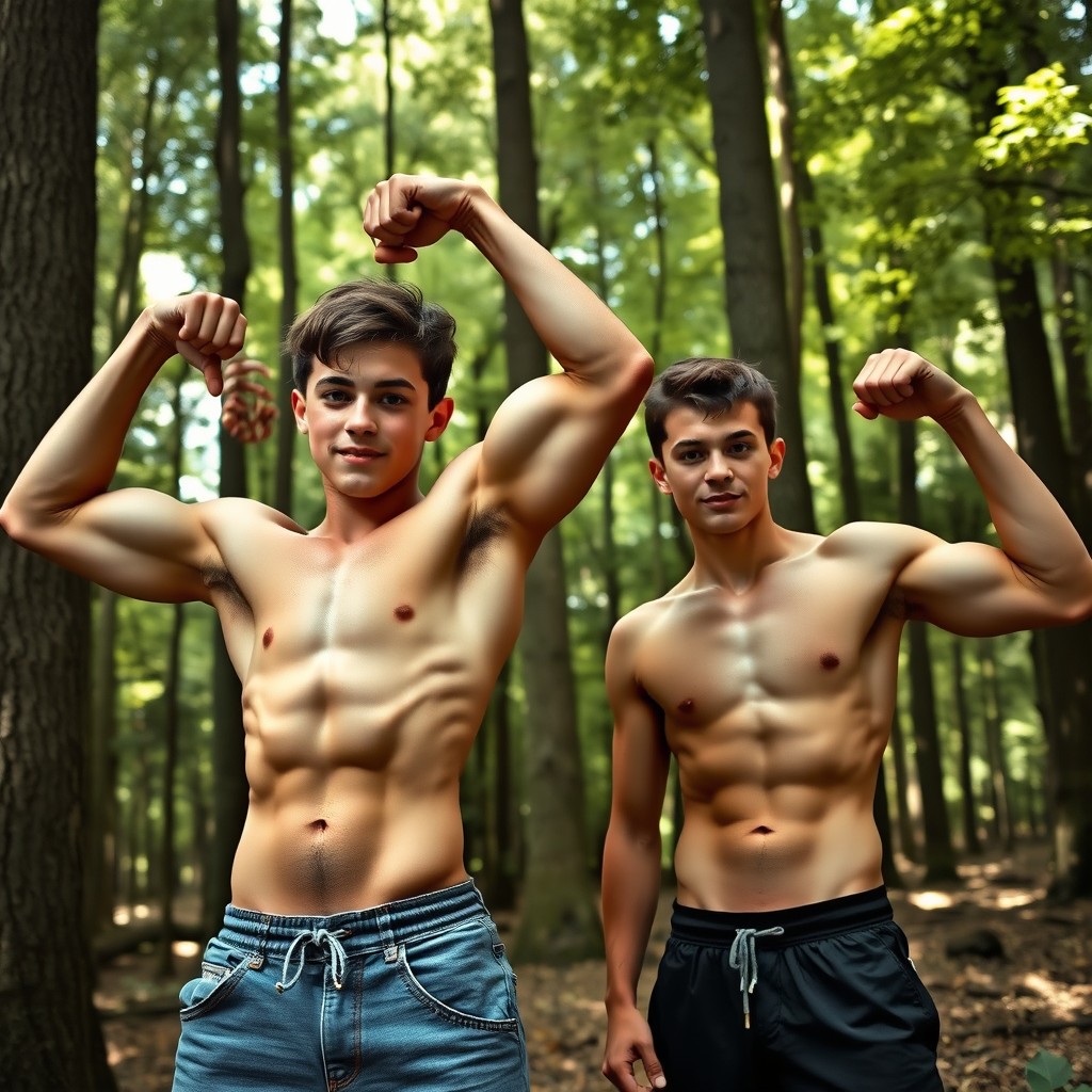 A teenage boy secretly training in the woods, demonstrating a well-defined physique with visible six-pack abs and bulging biceps