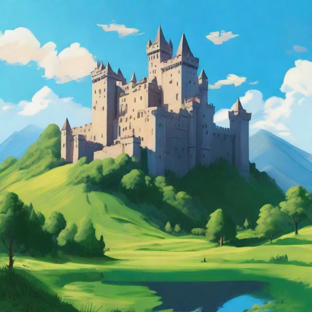 A majestic castle nestled in a verdant landscape under a clear, azure sky.