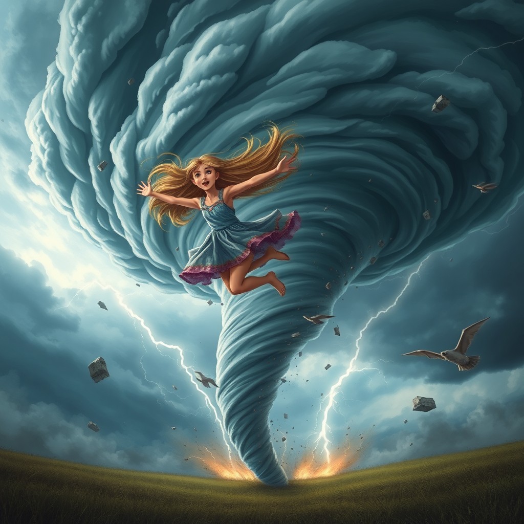 A girl with long flowing hair, wearing a colorful dress, soaring gracefully into a swirling tornado against a stormy sky