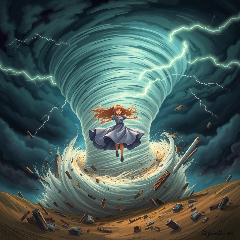 A girl with long hair, swirling amidst the powerful winds of an enormous tornado, surrounded by debris and elements caught in the spiral