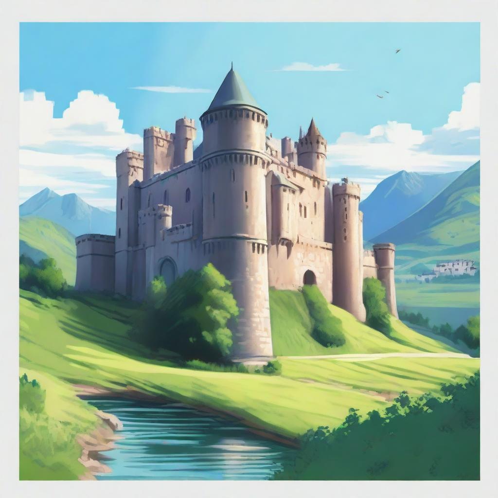 A majestic castle nestled in a verdant landscape under a clear, azure sky.