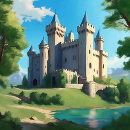 A majestic castle nestled in a verdant landscape under a clear, azure sky.