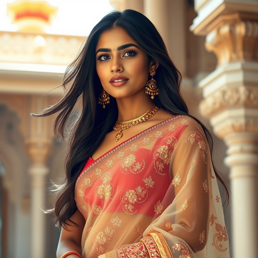 A beautiful Indian girl wearing a stunning transparent saree, intricately designed with delicate patterns and shimmering sequins