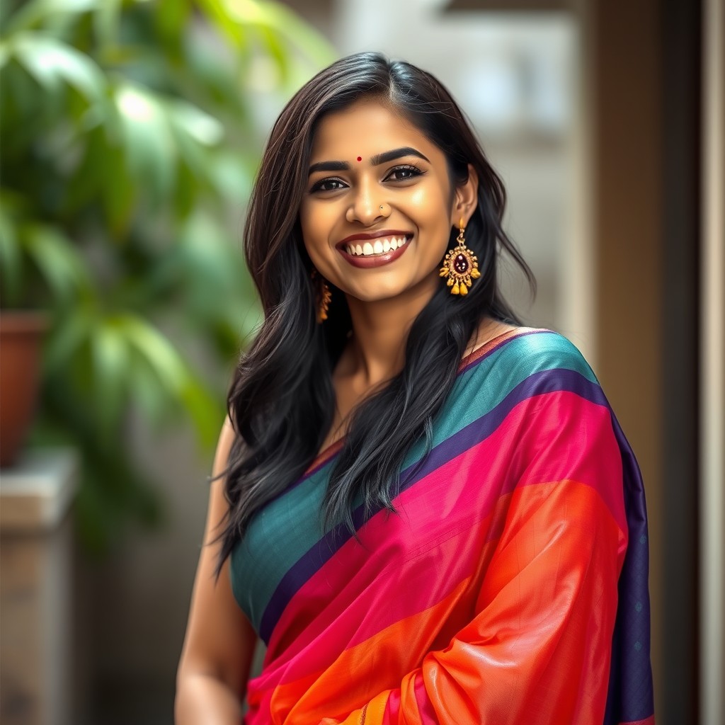 A beautiful Indian woman wearing a wet saree with vibrant colors that cling to her figure, showcasing her curves