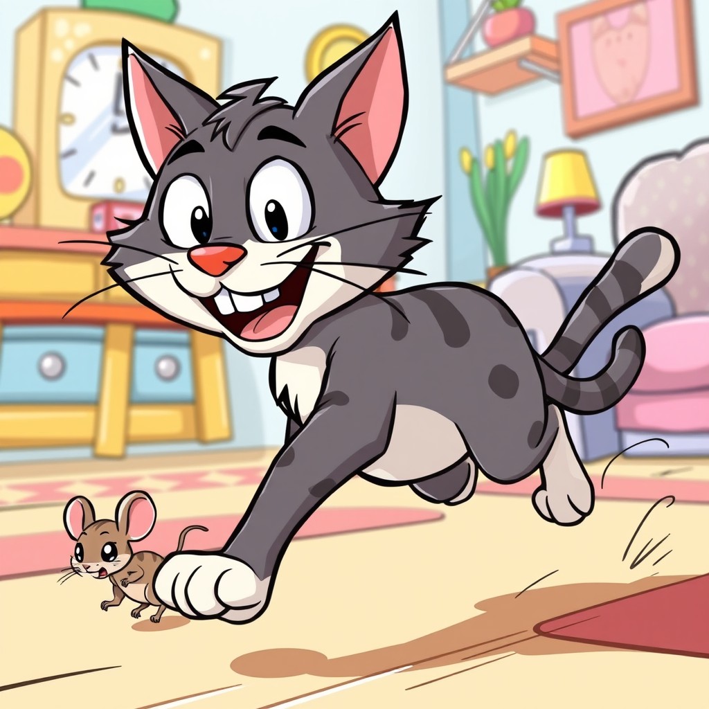 A cartoon-style comic illustration featuring a lively cat running energetically after a small, mischievous mouse