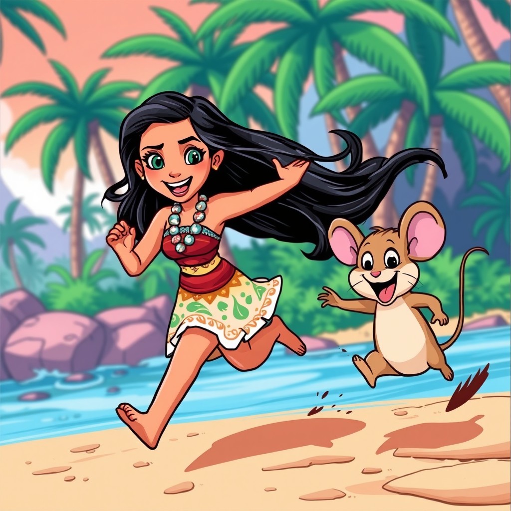 A cartoon-style comic illustration of Moana, the Polynesian princess, energetically chasing a small, cheeky mouse