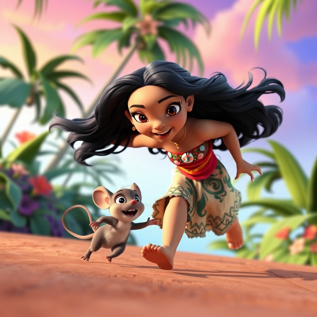 A vibrant 3D Pixar-style illustration of Moana, the adventurous Polynesian princess, energetically chasing a small, playful mouse