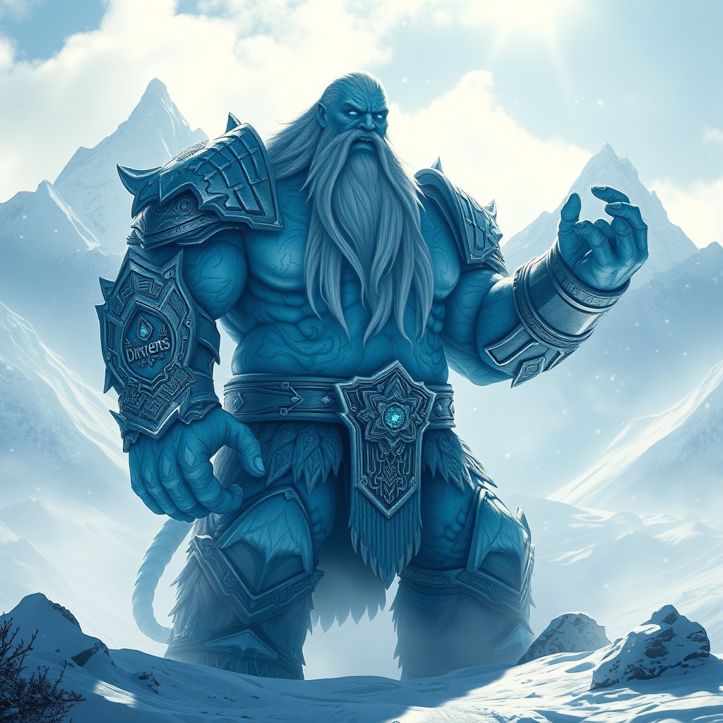 A massive Goliath frost giant towering over a snow-covered landscape, with icy blue skin and intricate frost patterns etched across its body