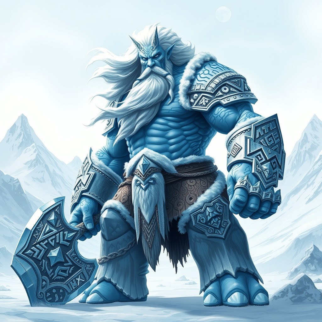 A DnD-inspired Goliath frost giant standing imposingly in a frozen tundra, exhibiting characteristics of both strength and elegance